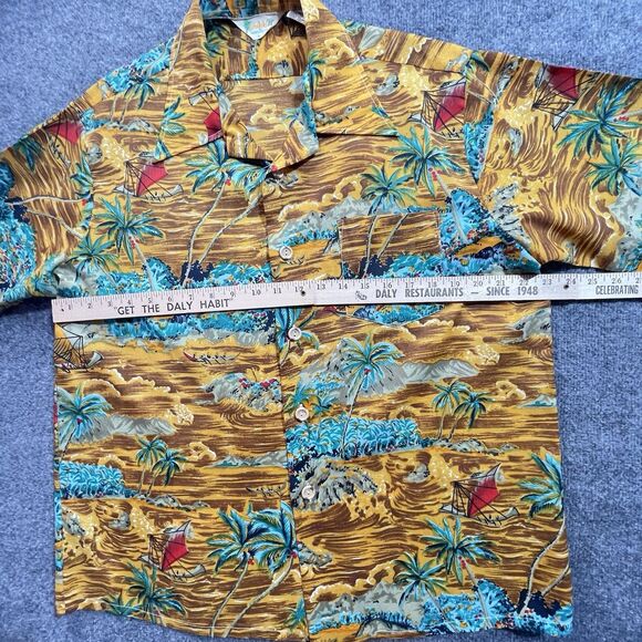 Vintage Waikiki 76 Mens Large Hawaiian Aloha Shirt Palm Trees Sail Boat Brown Lg - Picture 7 of 15